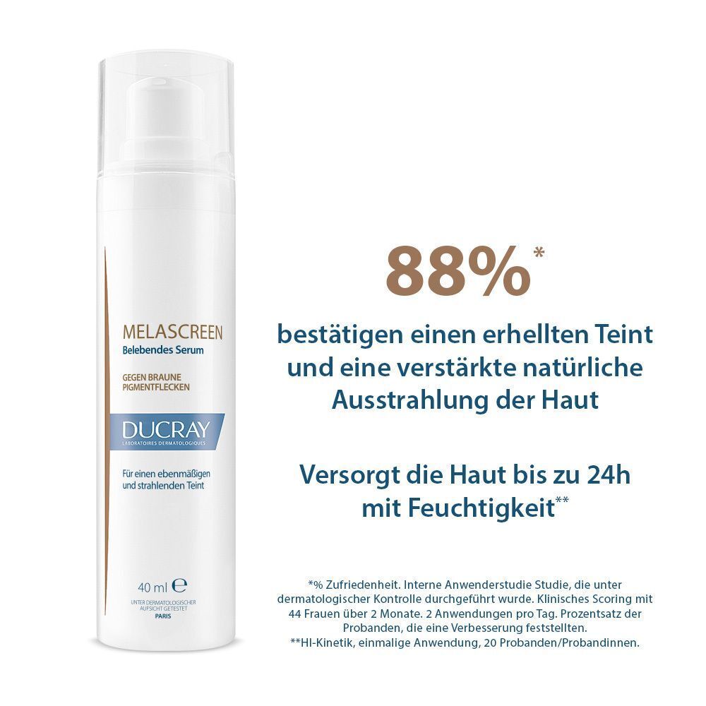 Weiße Flasche mit Pumpverschluss. MELASCREEN, Belebendes Serum. Text: 88% bestätigen einen helleren Teint. 40 ml. Marke: DUCRAY.