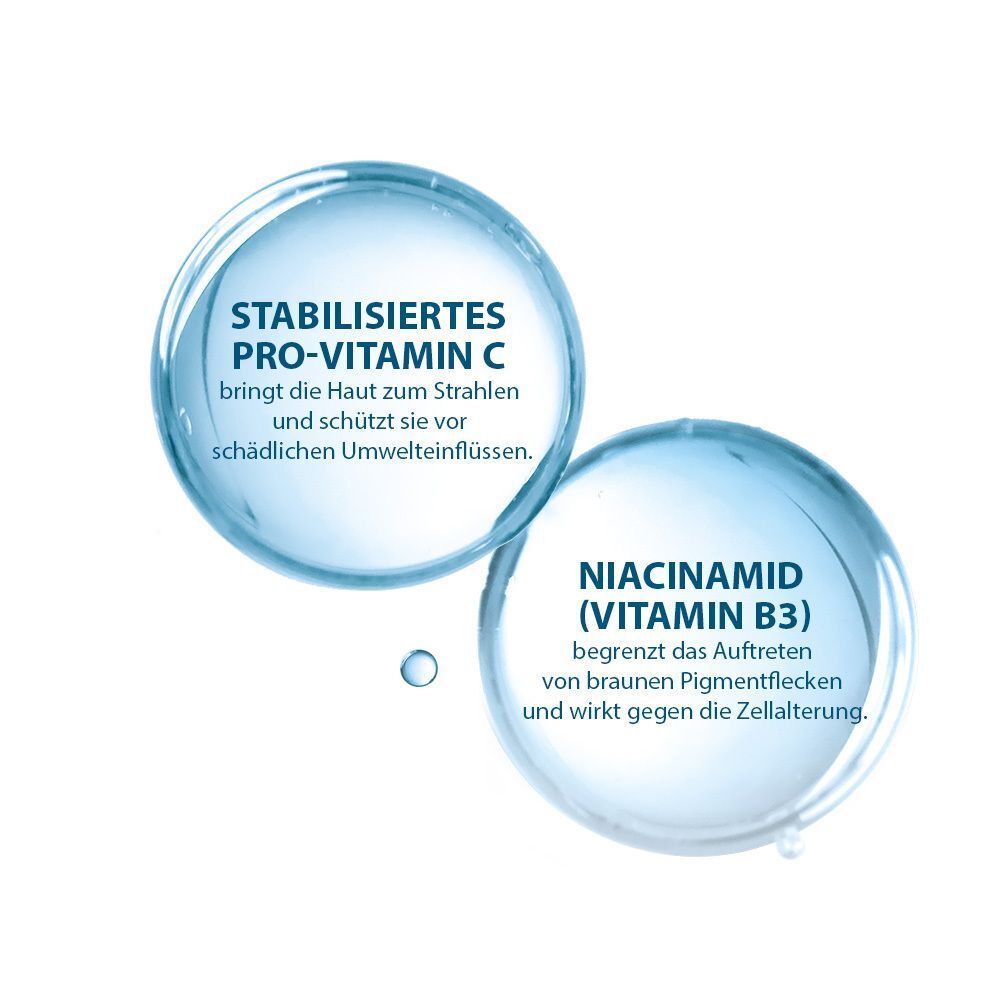 Zwei transparente Blasen. Text: Stabilisiertes Pro-Vitamin C, Niacinamid (Vitamin B3). Begrenzt das Auftreten von Pigmentflecken.