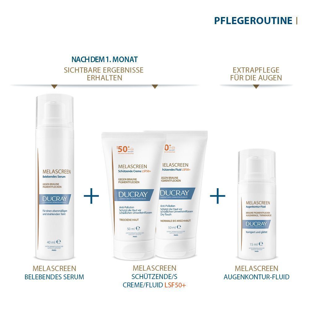 Produkt-Set. MELASCREEN Belebendes Serum, Creme/Fluid LSF50+, Augenkontur-Fluid. Marke: DUCRAY. 40 ml, 50 ml, 15 ml.