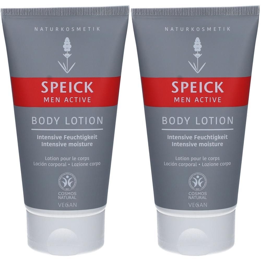 Zwei graue Tuben mit rotem Streifen. Aufschrift: SPEICK MEN ACTIVE BODY LOTION. Vegan, COSMOS NATURAL.