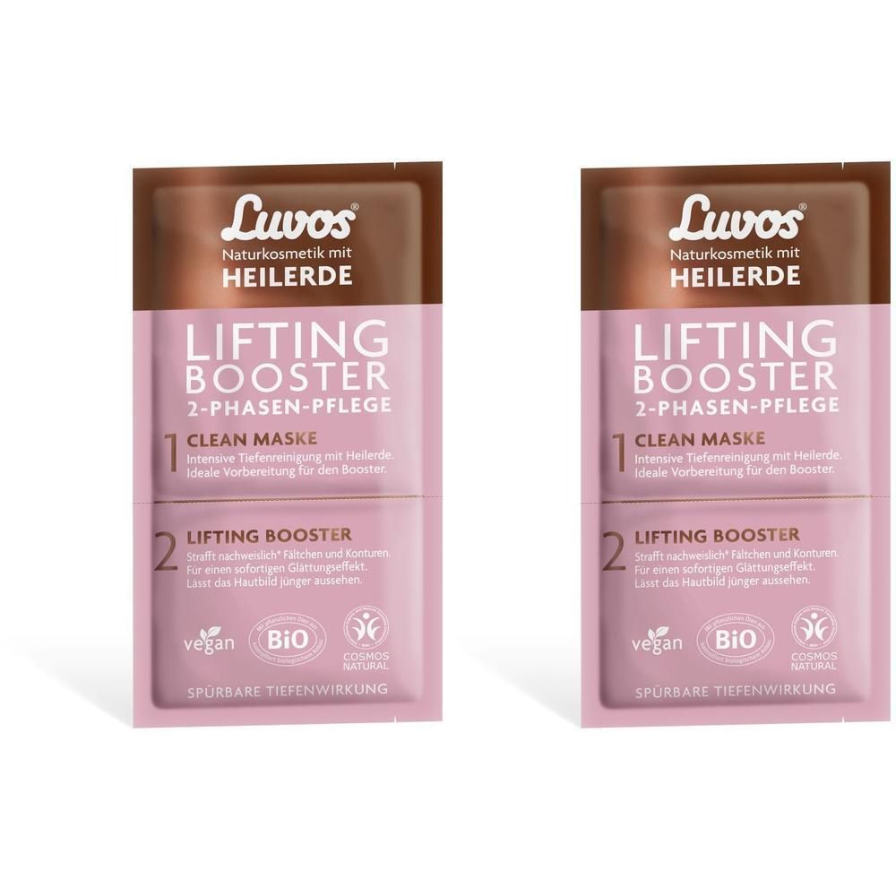 Zwei quadratische Beutel. Aufschrift: Luvos Heilerde, Lifting Booster, Clean Maske, vegan, Bio-Siegel.