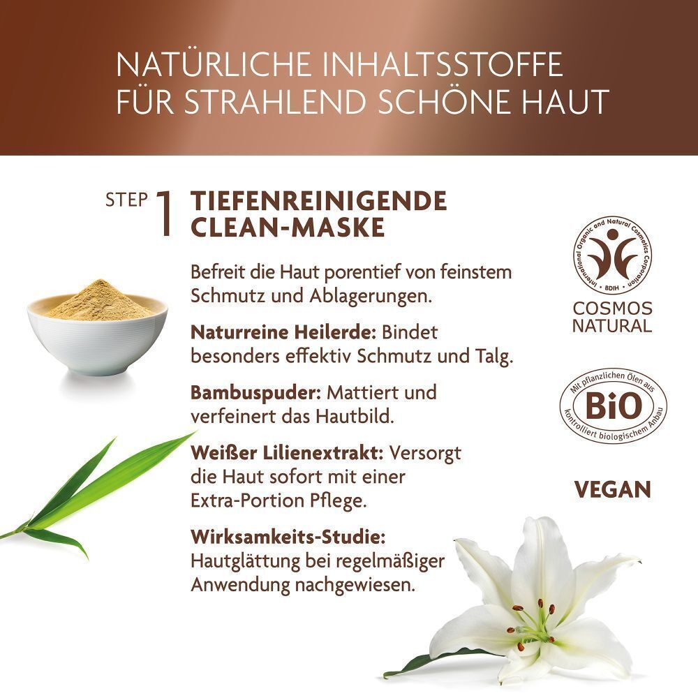Inhaltsstoffe: Clean Maske. Schüssel mit Pulver, Lilienblatt, Bambuspuder, Bio-Siegel, Vegan-Siegel.
