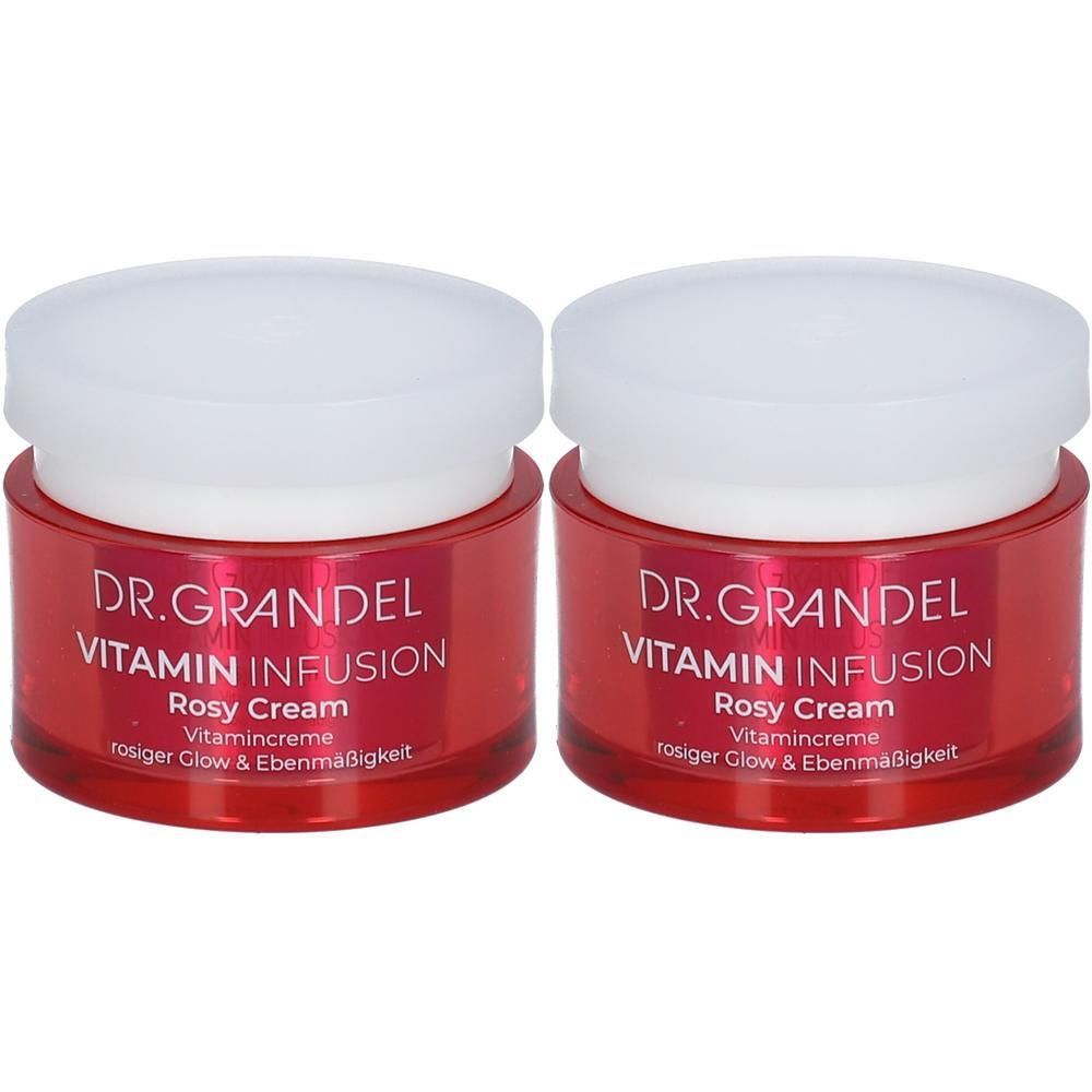 Zwei rote Cremetiegel mit weißen Deckeln. Aufschrift: DR. GRANDEL VITAMIN INFUSION Rosy Cream. Vitamincreme für rosigen Glow.