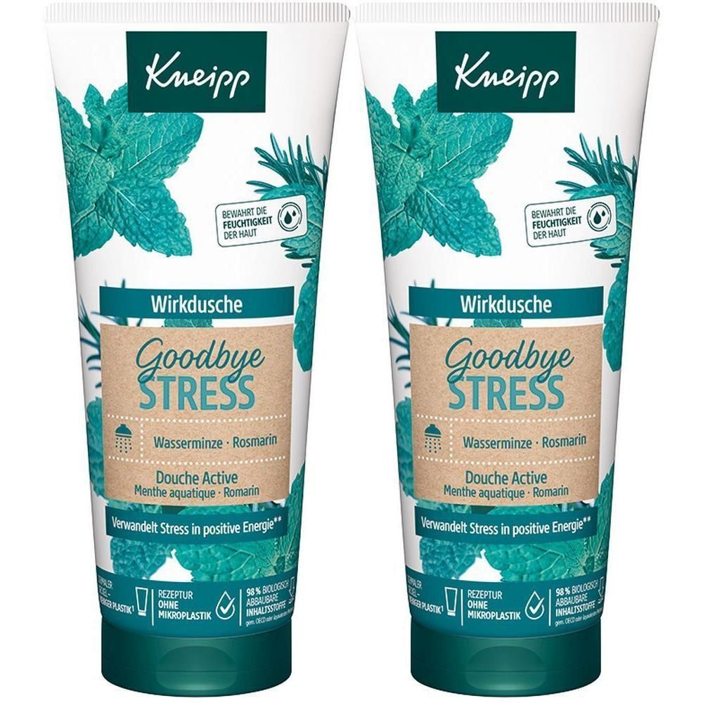 Zwei Tuben KNEIPP Wirkdusche Goodbye Stress. Weiße Tuben mit grünen Akzenten und Produktinformationen. Mint- und Rosmarindekor.