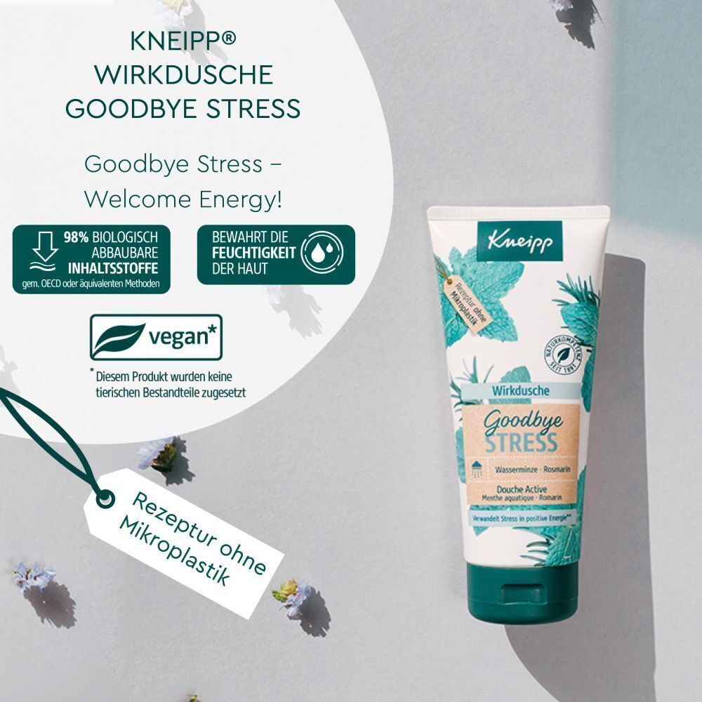 KNEIPP Wirkdusche Goodbye Stress. Tube mit Produktinformationen und Anhänger mit Text. Vegan-Zertifizierung und Angaben zur biologischen Abbaubarkeit.