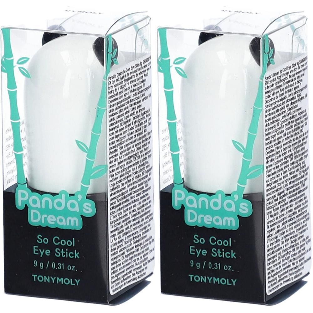 Zwei Panda's Dream So Cool Eye Sticks in Verpackung. Weißer Stift in Panda-Form, in transparenter Box mit Bambus-Design und Text.