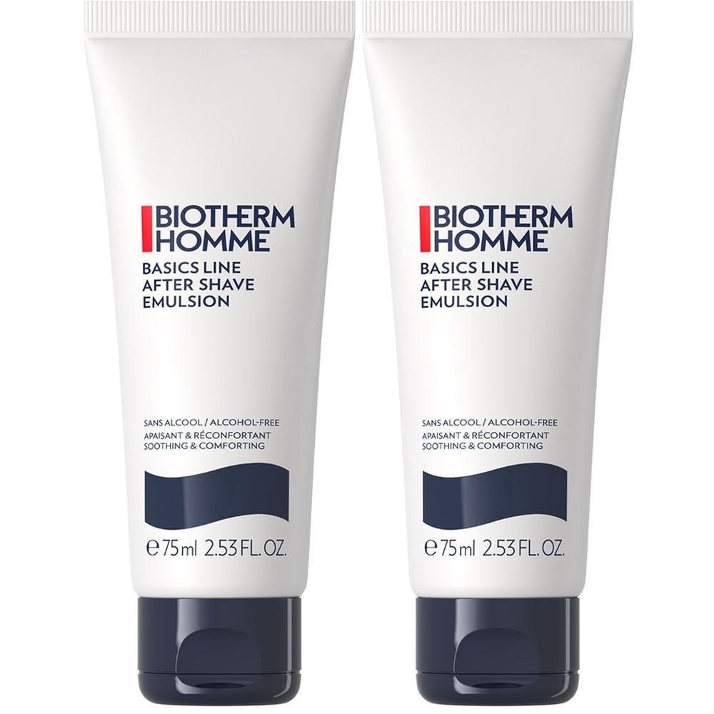 Zwei Tuben After Shave Emulsion. Weiß, mit blauem Deckel. Aufschrift: BIOTHERM HOMME, Basics Line, After Shave Emulsion.