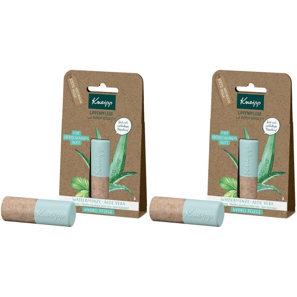Zwei Lippenpflegestifte mit hellblauen Kappen und braunen Unterteilen, in Pappverpackung. Marke Kneipp.