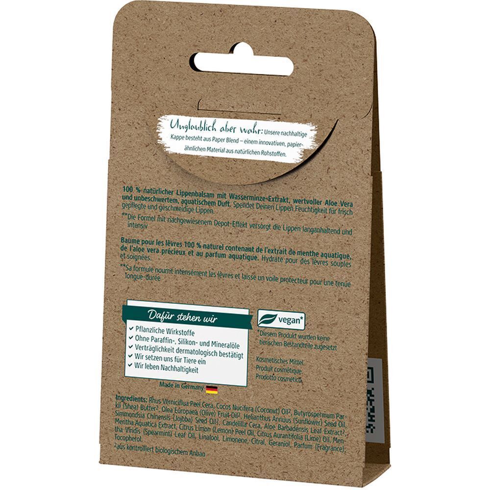 Rückseite der Pappverpackung. Text in Deutsch zu Inhaltsstoffen, veganer Zertifizierung und Herkunft.
