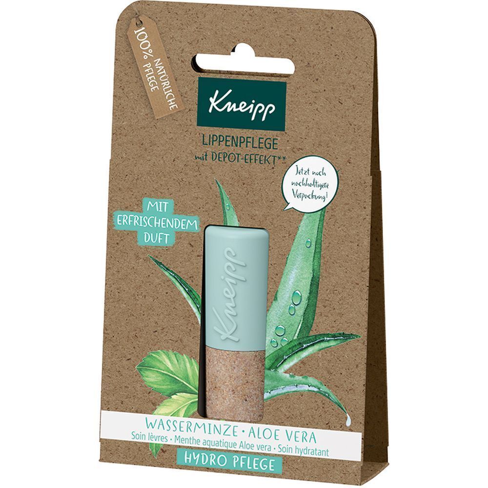 Lippenpflegestift in Pappverpackung. Marke Kneipp, Produktname und Inhaltsstoffe sind sichtbar.