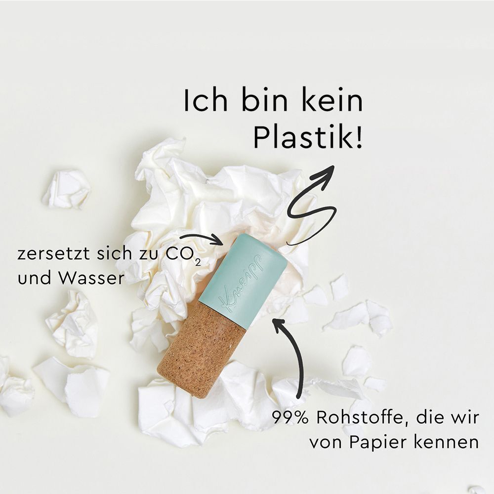 Lippenpflegestift und Papierfetzen. Text: 'Ich bin kein Plastik!' und Angaben zu Rohstoffen.