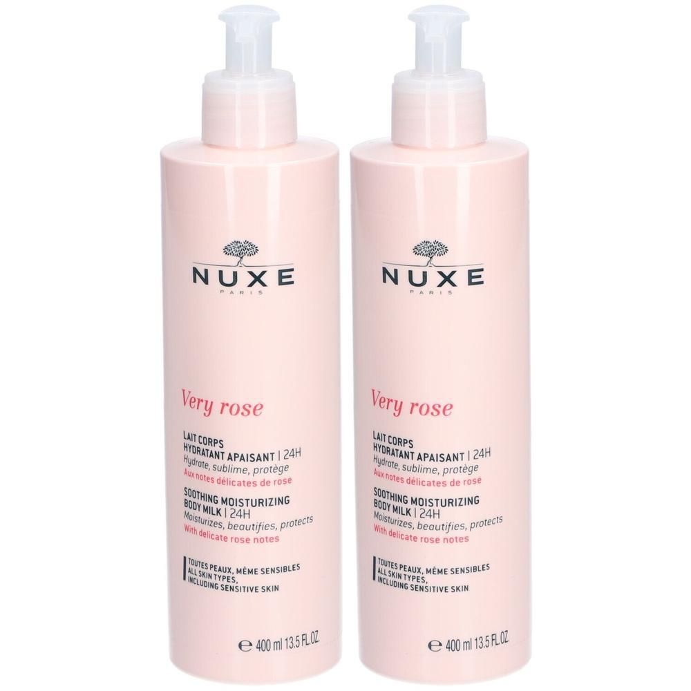 Zwei rosa Flaschen mit Pumpverschluss. Aufschrift: NUXE, Very rose, Körpermilch. Für empfindliche Haut.