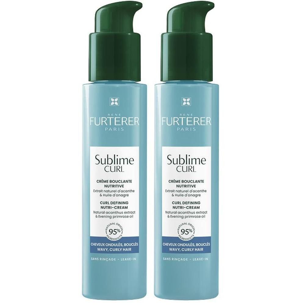 Zwei Flaschen FURTERER Sublime Curl Locken-Creme. Blaue Flaschen mit grünen Pumpdeckeln. Text: Sublime Curl, Crème Bouclante Nutritive.