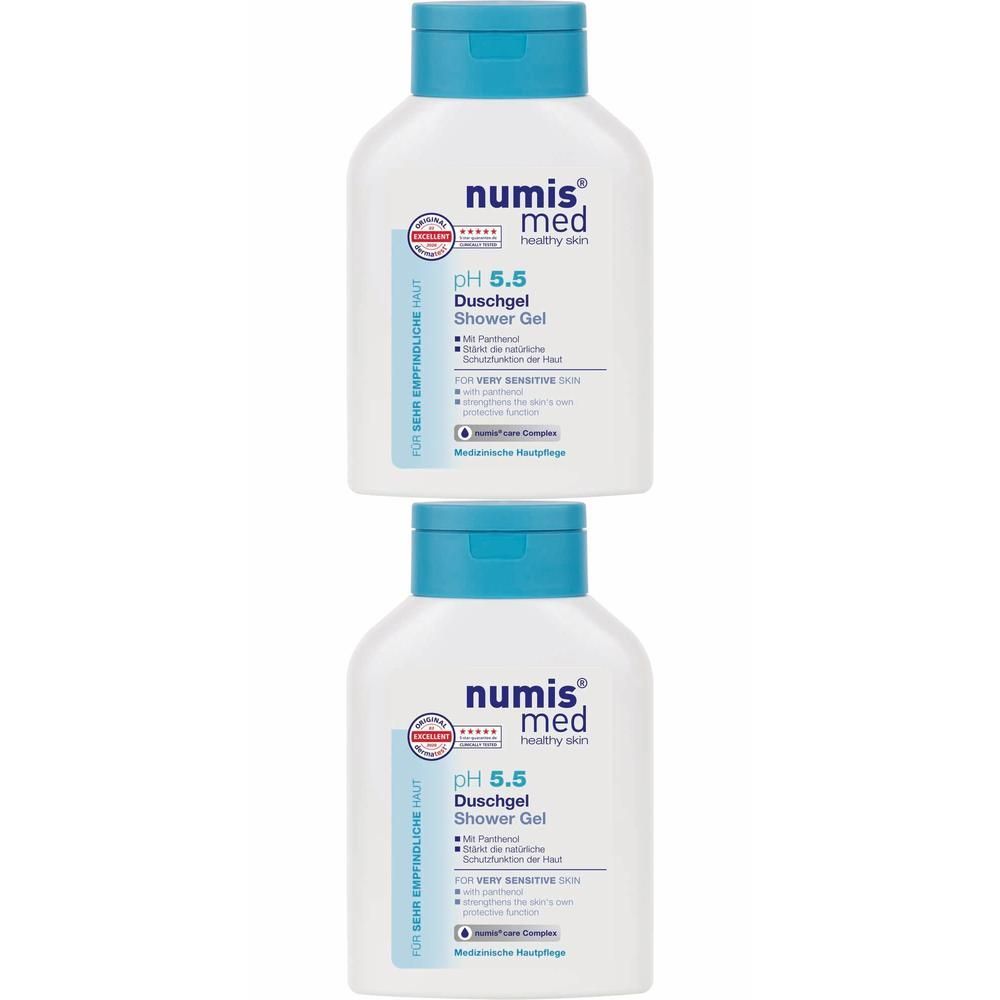 Zwei weiße Flaschen mit blauem Deckel. Aufschrift: numis med pH 5.5 Duschgel. Mit Logo und Text in deutscher Sprache.