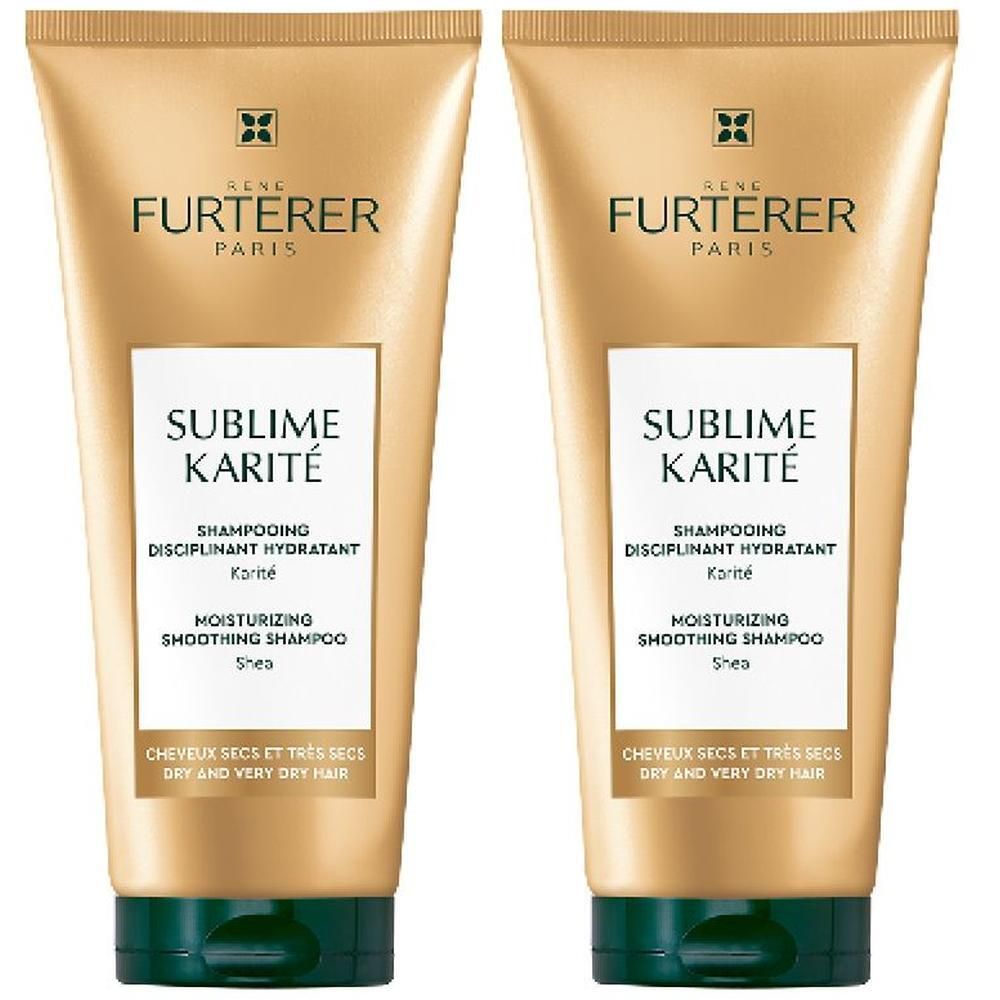 Zwei goldfarbene Shampoo-Tuben mit grünen Deckeln. Aufschrift: FURTERER PARIS, SUBLIME KARITÉ, feuchtigkeitsspendendes Shampoo.