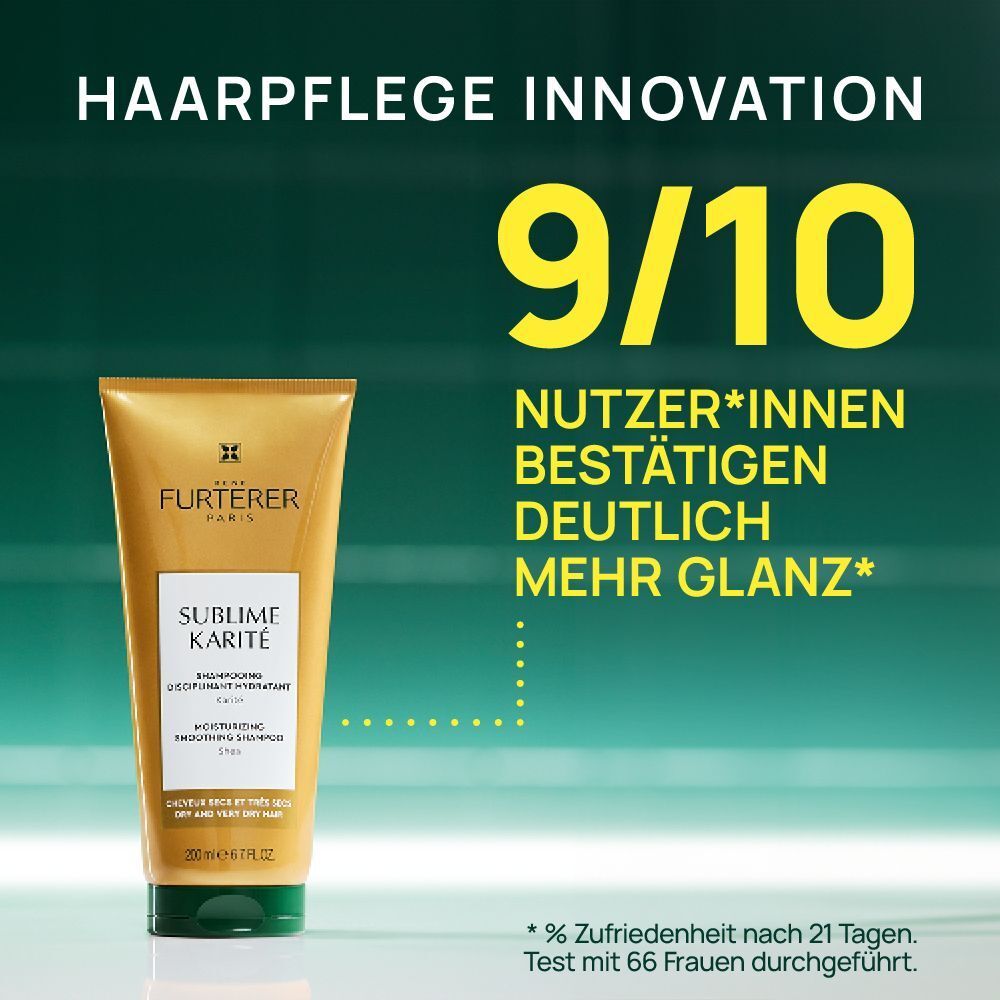 Werbung mit Shampoo-Tube. Text: Haarplege Innovation, 9/10, Nutzer bestätigen deutlich mehr Glanz. Test mit 66 Frauen.