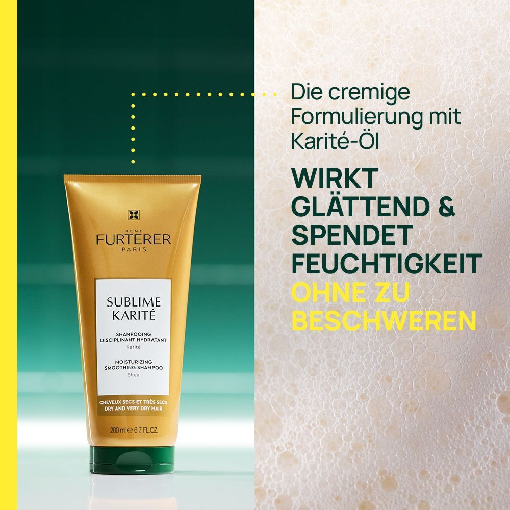 Shampoo-Tube neben Schaum. Text: Die cremige Formulierung mit Karité-Öl. Wirkt glättend & spendet Feuchtigkeit ohne zu beschweren.