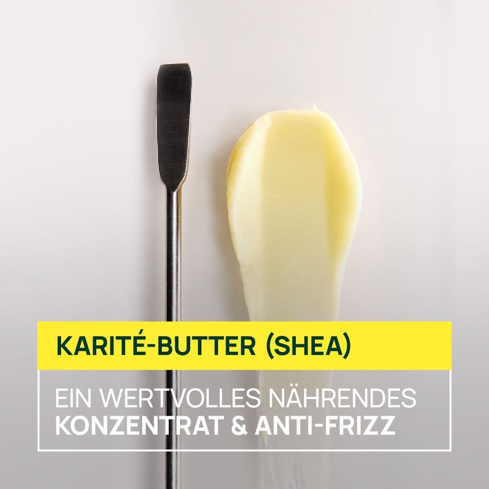 Karité-Butter (Shea) auf Spatel. Text: Ein wertvolles nährendes Konzentrat & Anti-Frizz.