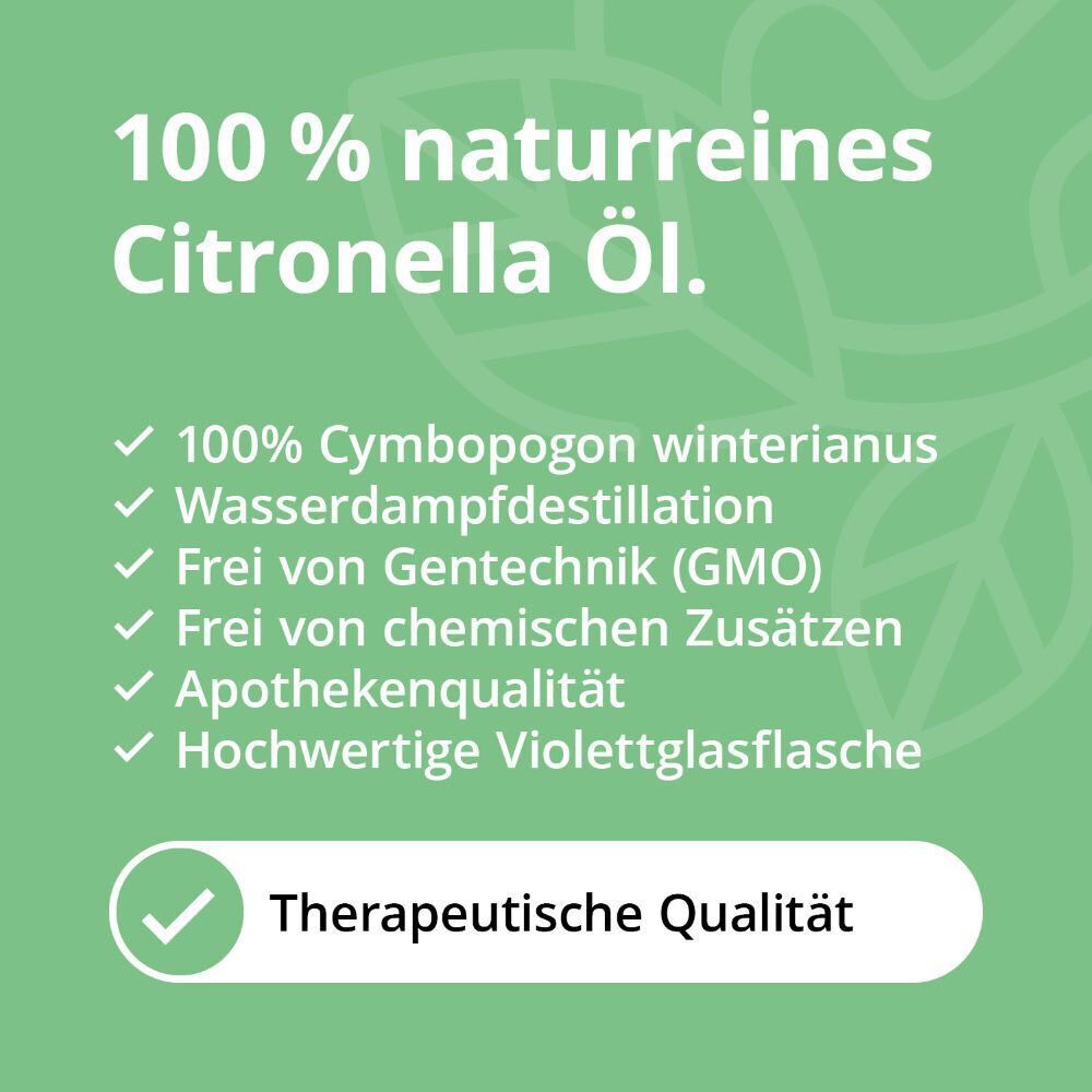 Text auf grünem Hintergrund: 100% naturreines Citronella Öl. Auflistung von Eigenschaften und Qualitätssiegel.