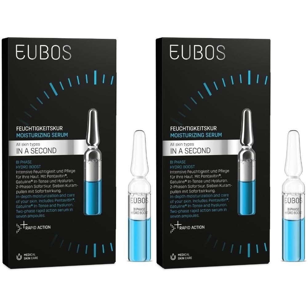 Zwei Packungen mit Ampullen. Schwarze Verpackung mit Produktinformationen und Ampulle. Blaue Flüssigkeit sichtbar.