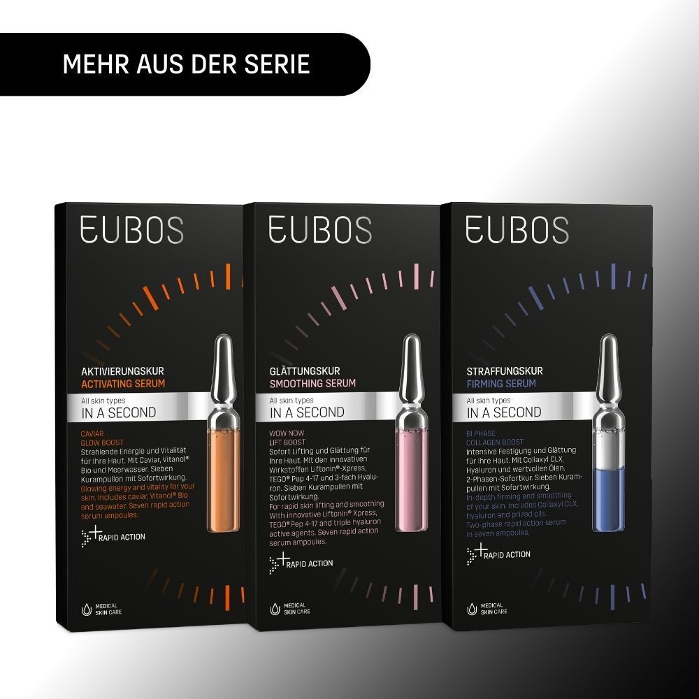 Drei Produktverpackungen. Orange, rosa und blau. Text: EUBOS IN A SECOND. Aktivierungs-, Glättungs-, Straffungsskur.