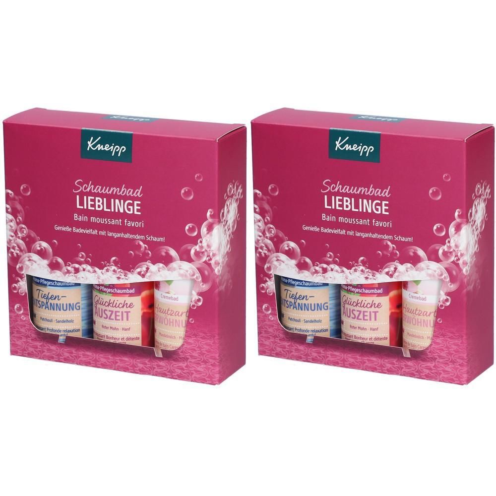 Zwei Geschenksets mit Schaumbad. Die Verpackung ist rosa mit dem Kneipp-Logo und dem Produktnamen. Jedes Set enthält drei kleine Flaschen.