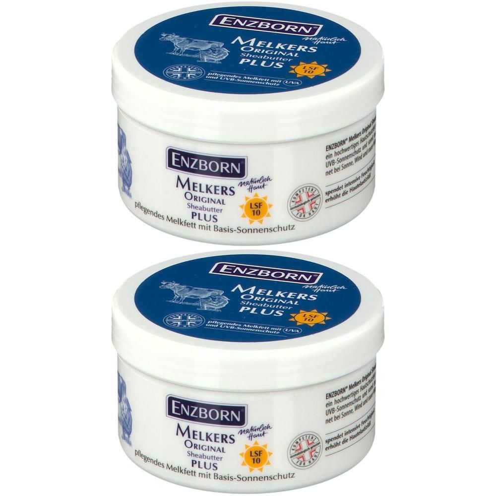Zwei weiße Tiegel mit blauem Deckel. Aufschrift: ENZBORN MELKERS ORIGINAL PLUS Sheabutter. Mit LSF 10. Pflegecreme.