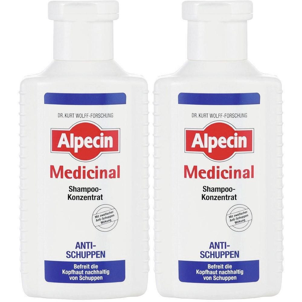 Zwei weiße Flaschen mit Alpecin Medicinal Shampoo-Konzentrat. Aufschrift: Anti-Schuppen.
