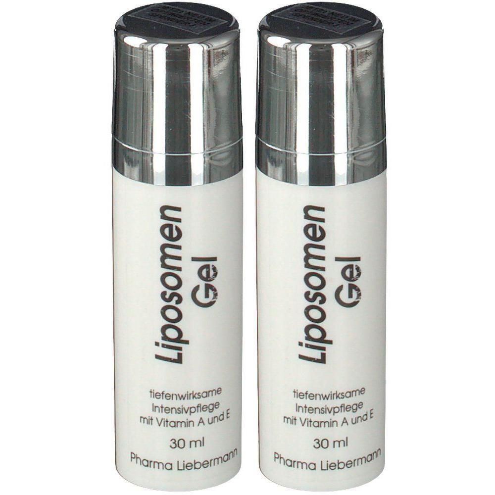 Zwei weiße Flaschen mit silbernen Deckeln. Aufschrift: Liposomen Gel, tiefenwirksame Intensivpflege mit Vitamin A und E, 30 ml. Pharma Liebermann.