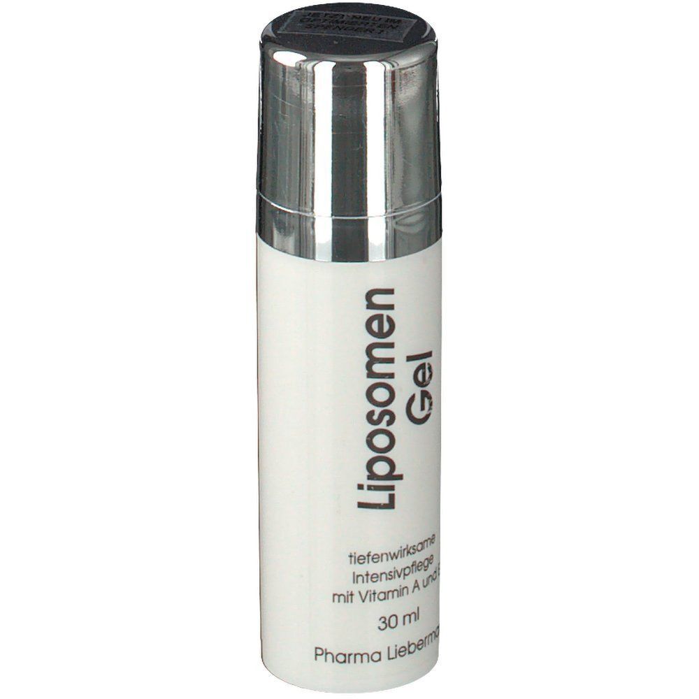 Weiße Flasche mit silbernem Deckel. Aufschrift: Liposomen Gel, tiefenwirksame Intensivpflege mit Vitamin A und E, 30 ml. Pharma Liebermann.