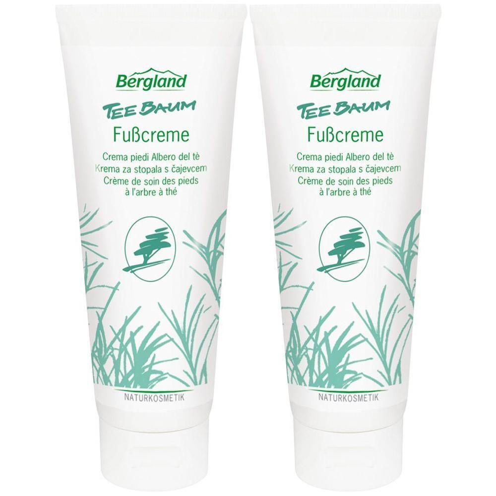Zwei Tuben Fußcreme. Weiß, mit grüner Schrift und Illustrationen. Text: TEE BAUM Fußcreme, Naturkosmetik.