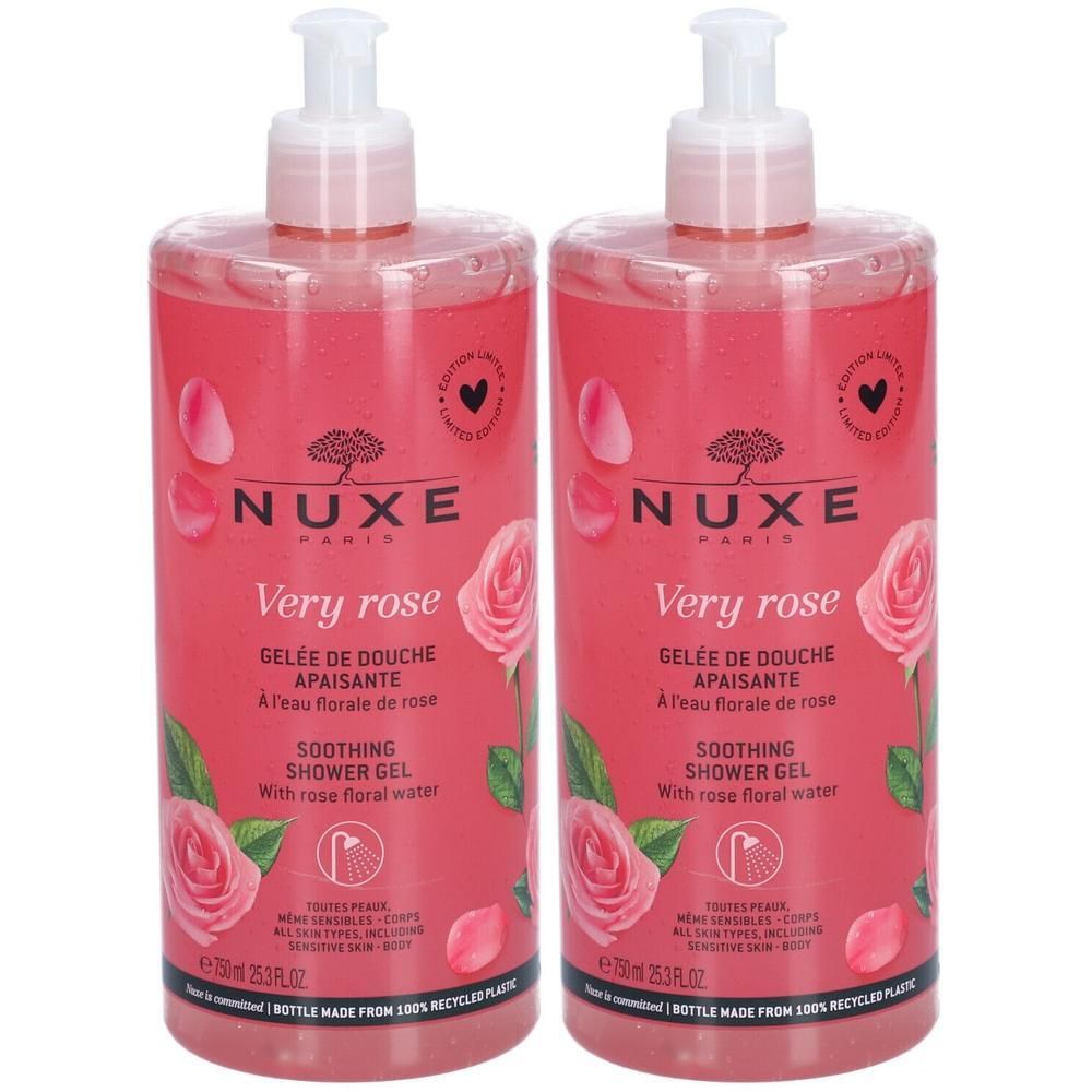 Zwei Flaschen NUXE Very Rose Duschgel. Rosa Flüssigkeit in transparenten Flaschen mit Pumpverschluss. Aufschrift: Very Rose, Gelée de Douche Apaisante.