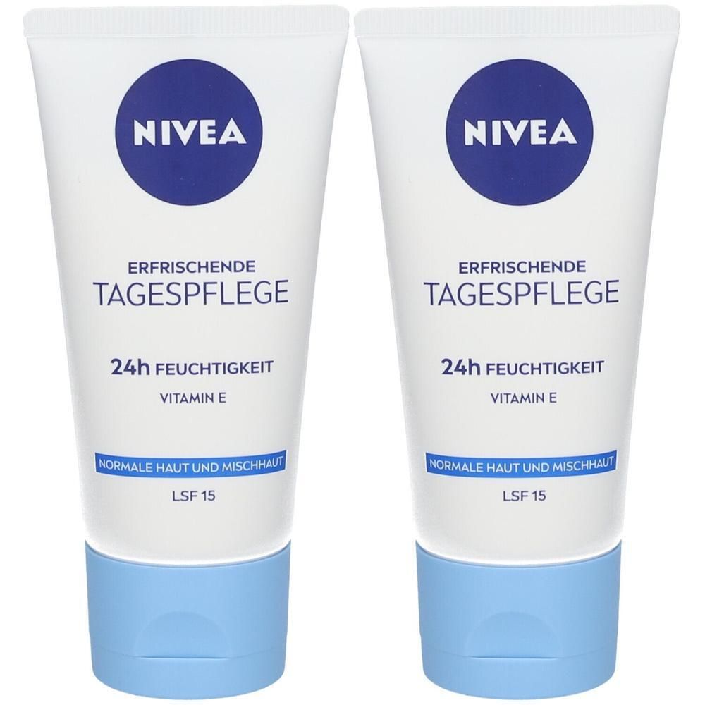 Zwei Tuben NIVEA Tagespflege. Weiß mit blauem Deckel. Aufschrift: ERFRISCHENDE TAGESPFLEGE, 24h FEUCHTIGKEIT, VITAMIN E, NORMALE HAUT UND MISCHHAUT, LSF 15.