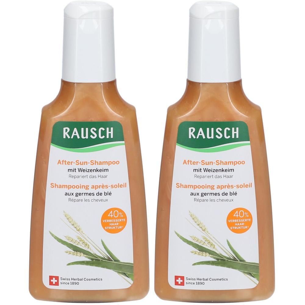 Zwei Flaschen RAUSCH After-Sun-Shampoo mit Weizenkeim. Braune Flüssigkeit in Flaschen mit weißem Deckel. Grün-weißes Etikett.