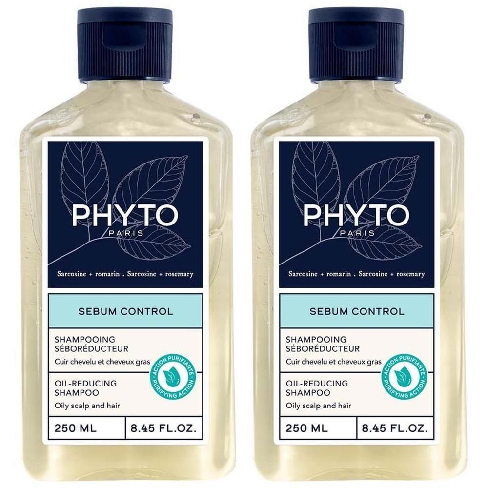 Zwei Flaschen Shampoo mit Etikett. Aufschrift: PHYTO PARIS, Sebum Control, Oil-Reducing Shampoo. 250 ml.