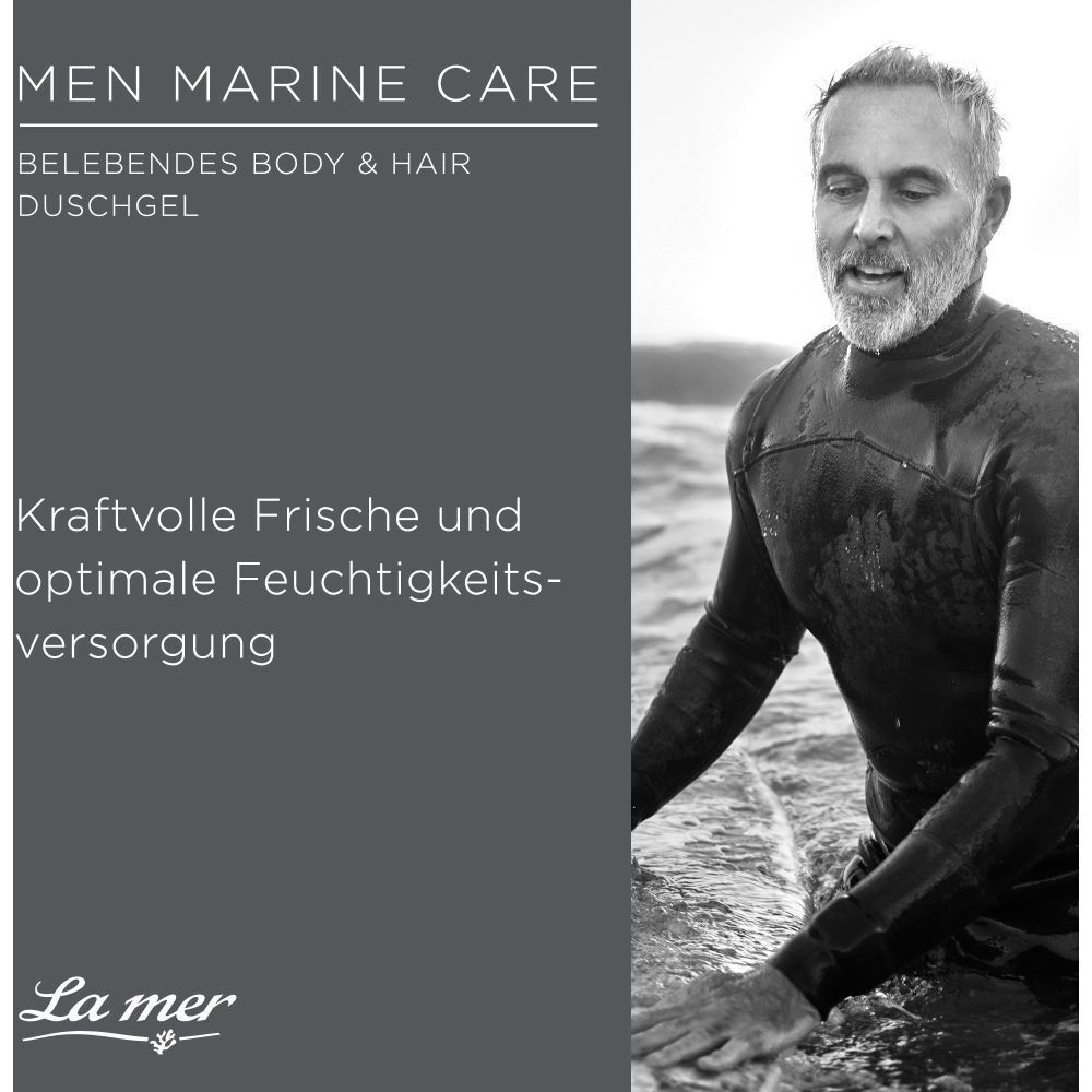 Schwarz-Weiß-Foto eines Mannes im Neoprenanzug im Wasser. Text: MEN Marine Care, belebendes Body & Hair Duschgel.
