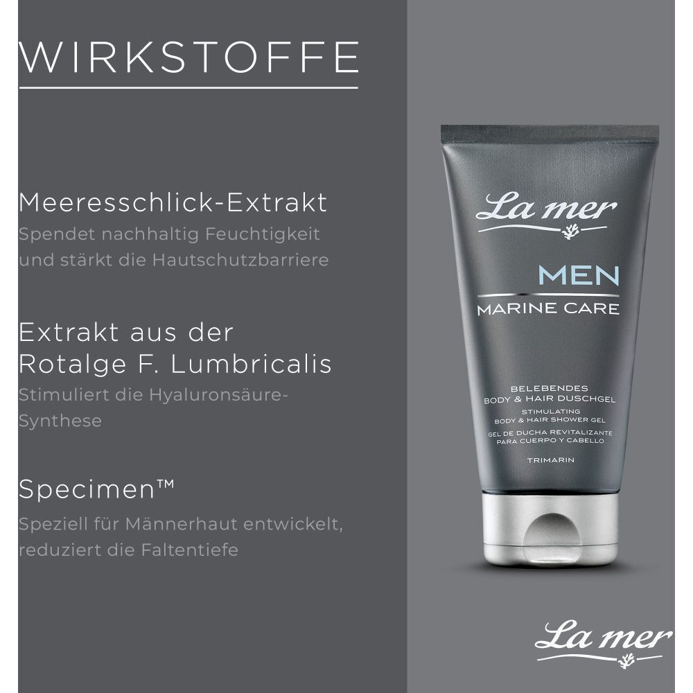 Text mit Inhaltsstoffen: Meeresschlick-Extrakt, Extrakt aus Rotalge F. Lumbricalis, Specimen™. La mer MEN Marine Care Duschgel.