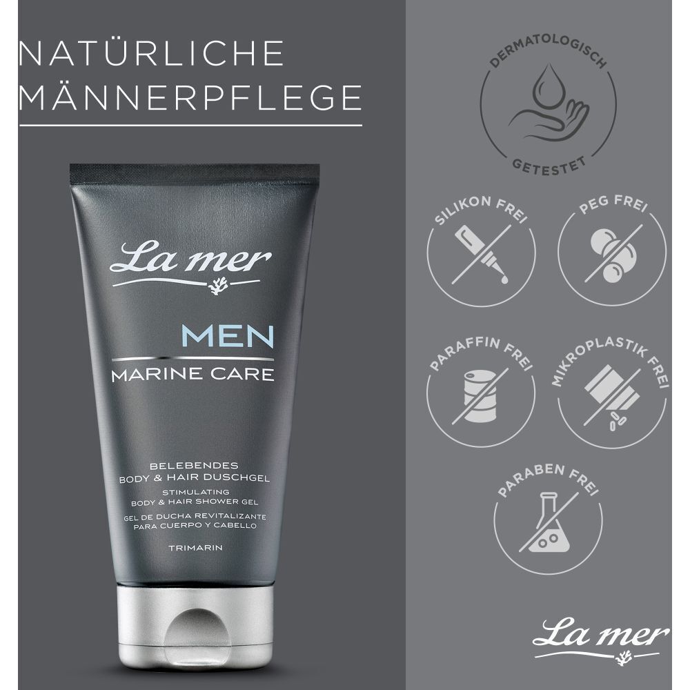 La mer MEN Marine Care Duschgel. Graue Tube mit Logos: dermatologisch getestet, silikonfrei, PEG-frei, paraffinfrei, mikroplastikfrei, parabenfrei.