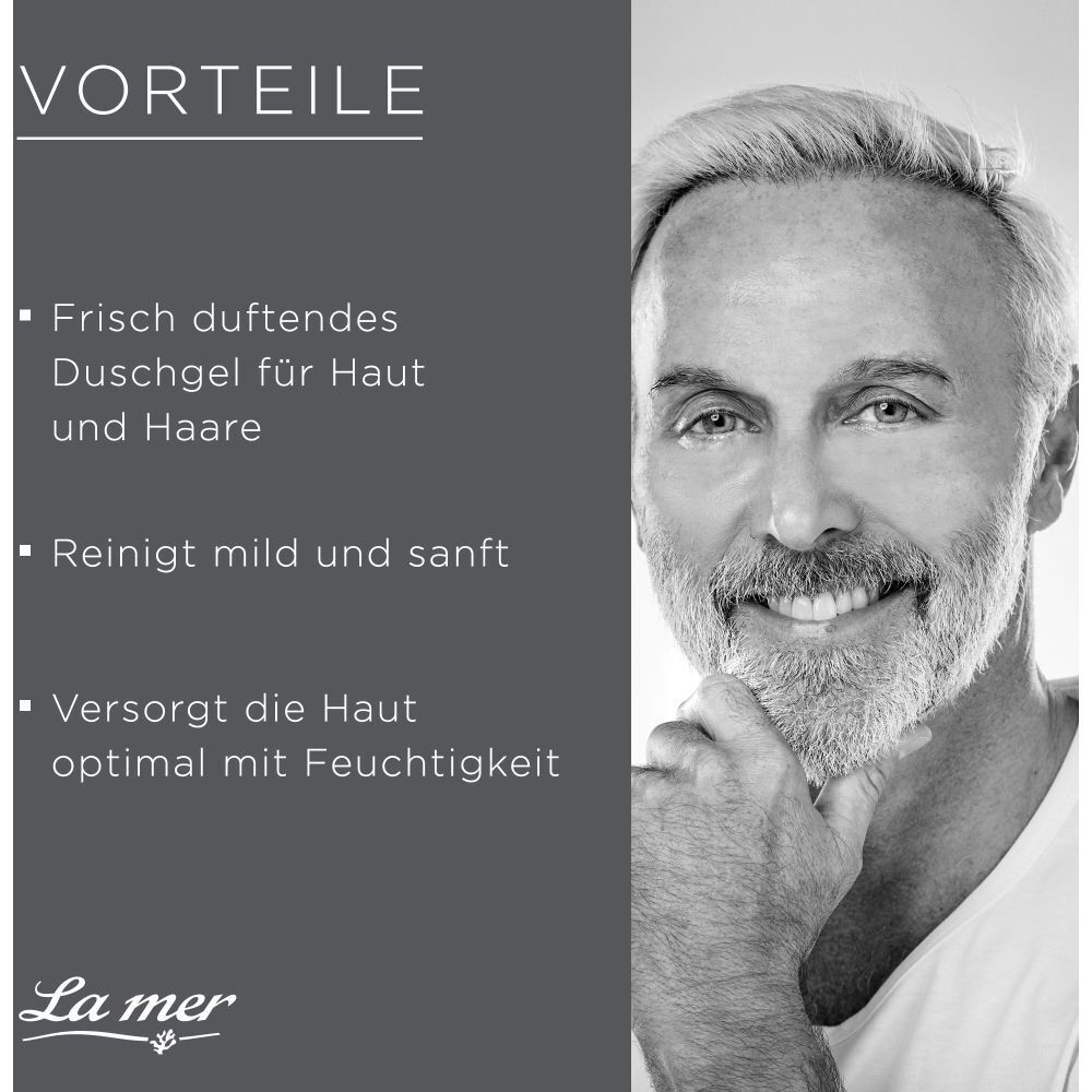 Schwarz-Weiß-Porträt eines Mannes. Text: Vorteile, frisch duftendes Duschgel, reinigt mild, versorgt die Haut mit Feuchtigkeit.