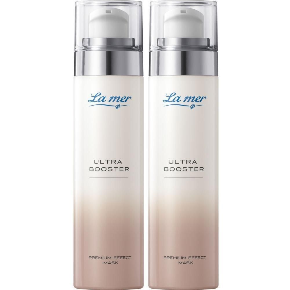Zwei Flaschen La mer ULTRA BOOSTER. Weiße Flaschen mit silbernen Pumpköpfen. Text: ULTRA BOOSTER, PREMIUM EFFECT MASK.