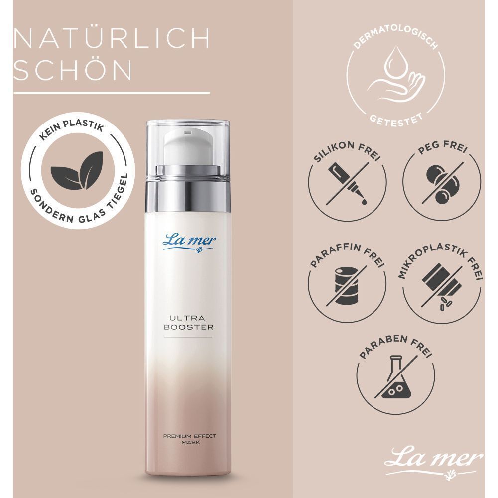 La mer ULTRA BOOSTER. Weiße Flasche mit silbernem Pumpkopf. Text: ULTRA BOOSTER, PREMIUM EFFECT MASK. Logos: dermatologisch getestet, etc.