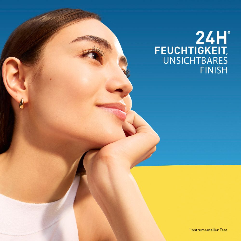 Frau mit nachdenklichem Blick, 24h Feuchtigkeit, unsichtbares Finish.
