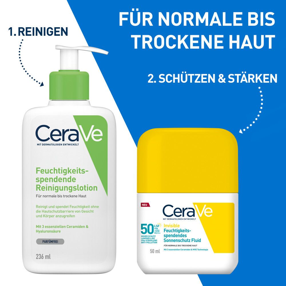 CeraVe Reinigungslotion und Sonnenschutz Fluid LSF 50 für normale bis trockene Haut.