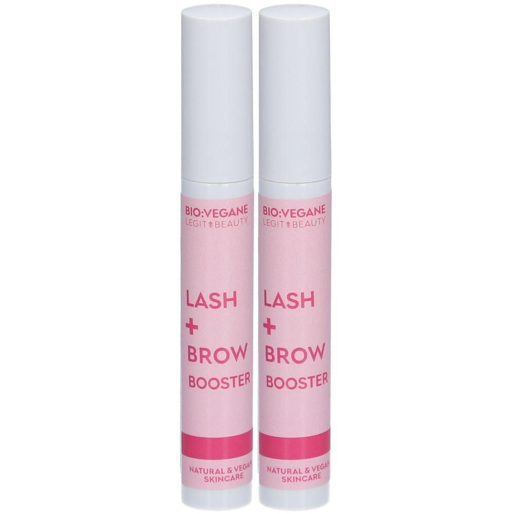 Zwei Flaschen mit weißem Deckel und rosa Etikett. Aufschrift: LASH + BROW BOOSTER. Marke: BIO:VEGANE.