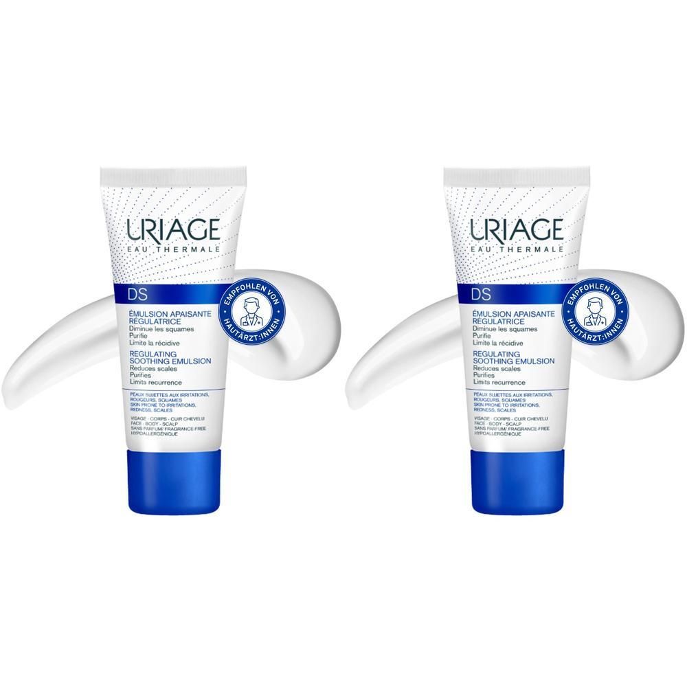 Zwei Tuben Uriage DS Emulsion. Weiße Tuben mit blauen Kappen. Text: DS, Emulsion Apaisante Régulatrice, Regulating Soothing Emulsion.