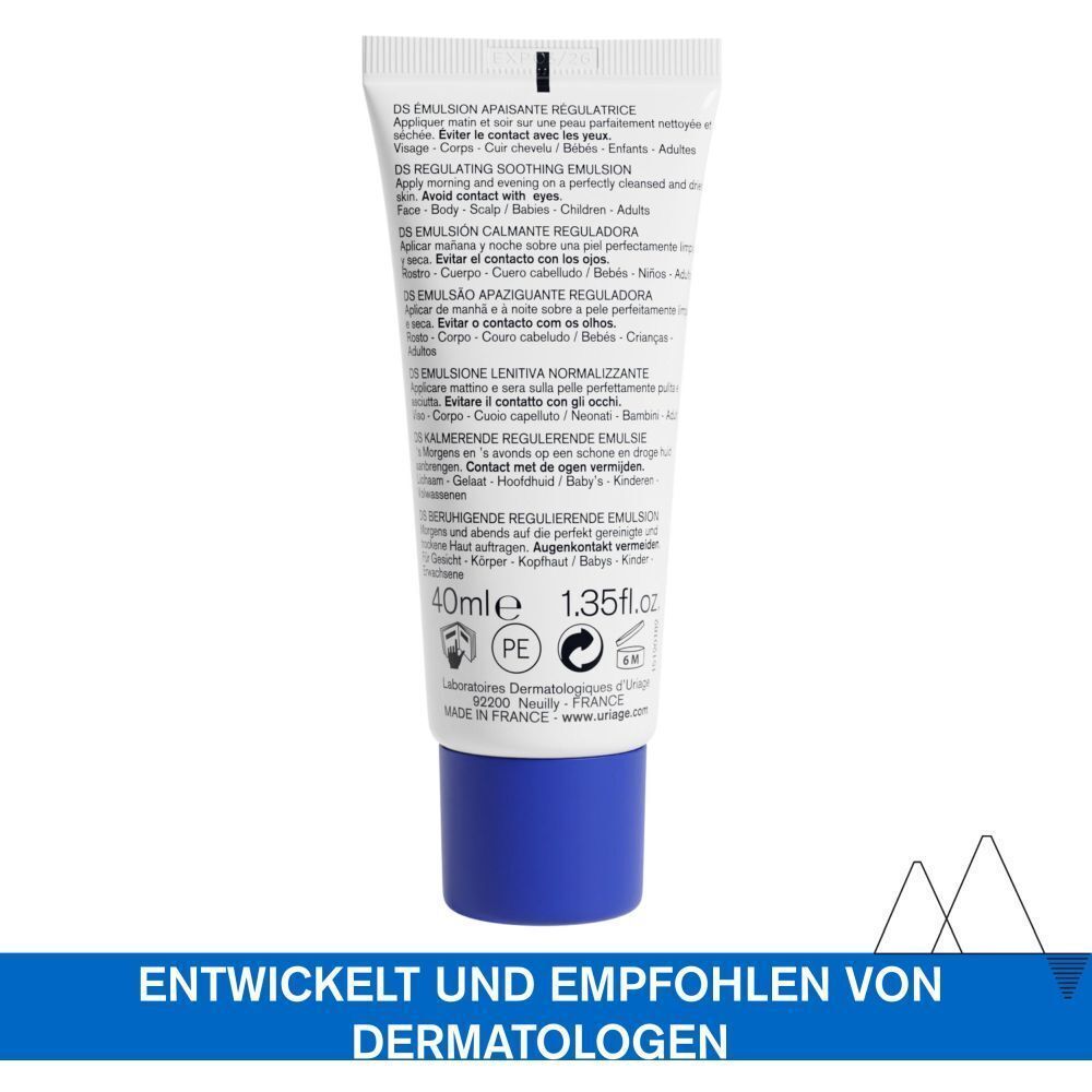 Rückseite einer Tube Uriage DS Emulsion. Text: DS Emulsion Apaisante Régulatrice, Regulating Soothing Emulsion, 40ml, Dermatologisch getestet.