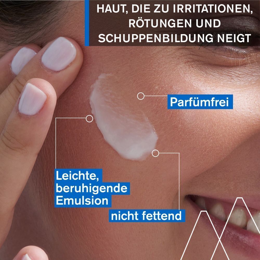 Gesicht mit aufgetragener Emulsion. Text: Leichte, beruhigende Emulsion, nicht fettend, parfümfrei. Haut, die zu Irritationen, Rötungen und Schuppenbildung neigt.
