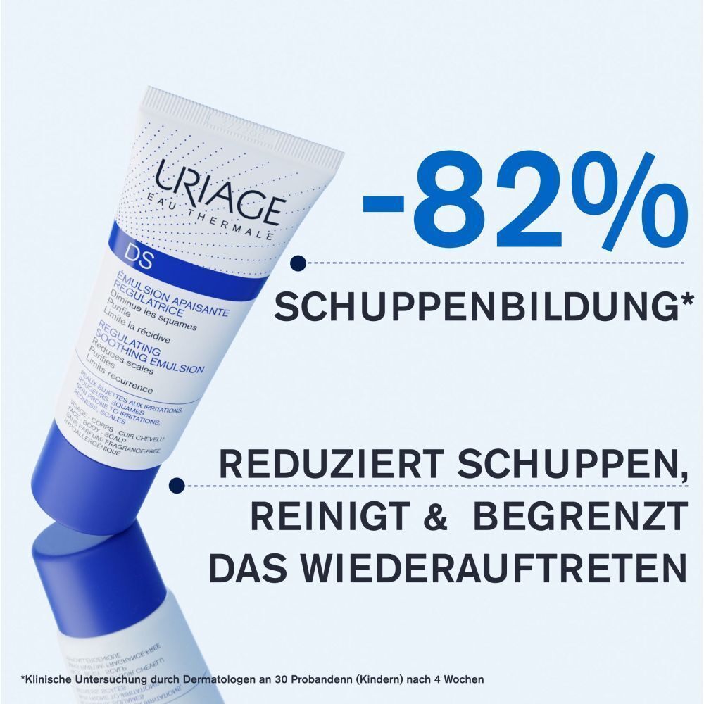 Tube Uriage DS Emulsion mit Text und Prozentangabe. Text: -82% Schuppenbildung, reduziert Schuppen, reinigt & begrenzt das Wiederauftreten.