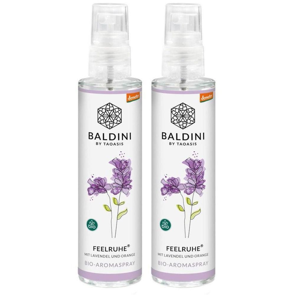 Zwei Sprühflaschen mit Etiketten. Aufschrift: BALDINI, FEELRUHE, Bio-Aromaspray. Abbildung von Lavendelblüten. Demeter-Siegel.