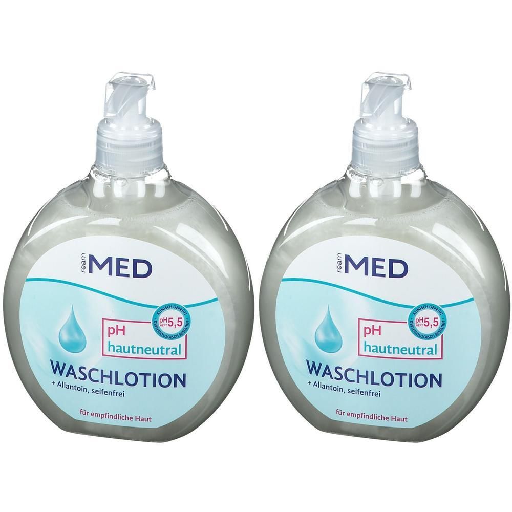 Zwei runde Flaschen mit Spender. Aufschrift: iMED, pH 5,5 hautneutral WASCHLOTION. Enthält Allantoin, seifenfrei. Für empfindliche Haut.